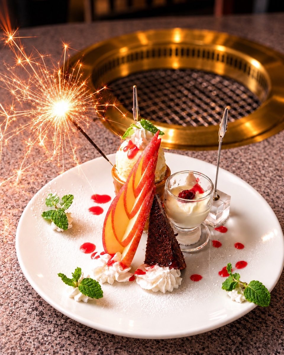 花火とデザートを添えたローストキッチンのお祝いプレート